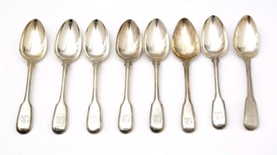 Lot 588 - Eight George IV silver dessert spoons