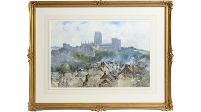 Lot 783 - Thomas Swift Hutton - Bright and Blustery Elevated Rooftop View of Durham | watercolour