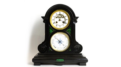 Lot 1148 - A 19th Century black slate and marble mantel clock and barometer.