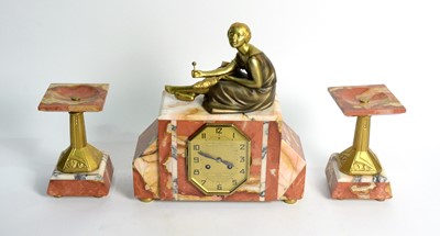 Lot 1157 - F. Marti: an Art Deco marble and gilt metal clock garniture.