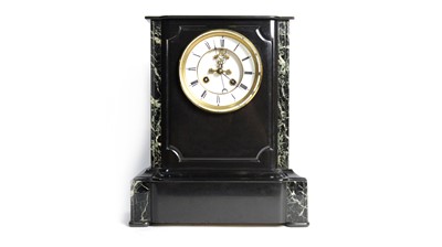 Lot 1153 - Leroy, Paris: a late 19th Century French black slate and marble detail mantel clock.