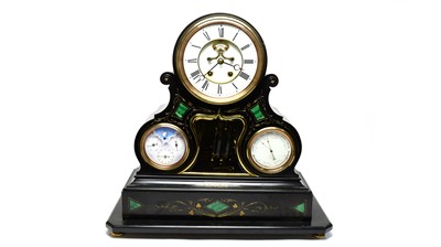 Lot 1155 - A Victorian black slate three-dial calendar clock.