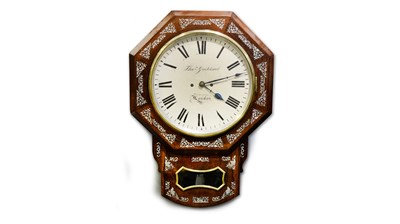 Lot 1166 - Thos Goddard, London: a 19th C rosewood and mother-of-pearl drop dial wall clock.