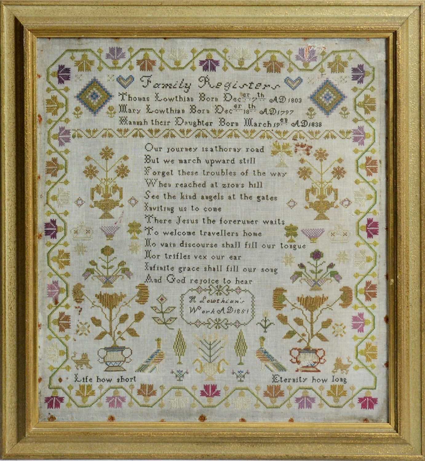 Lot 803 - A Victorian family record or genealogy needlework sampler by Hannah Lowthian