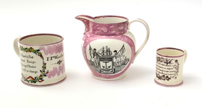 Lot 728 - Sunderland lustre jug and two mugs.