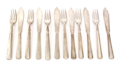 Lot 210 - A set of six Art Deco silver fish knives and forks, by Roberts & Belk