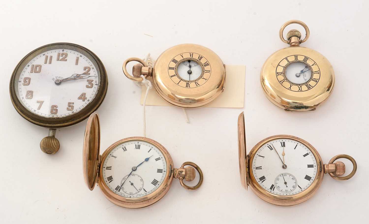 Lot 243 - Four gilt metal cased hunter and half-hunter pocket watches; and a travel clock