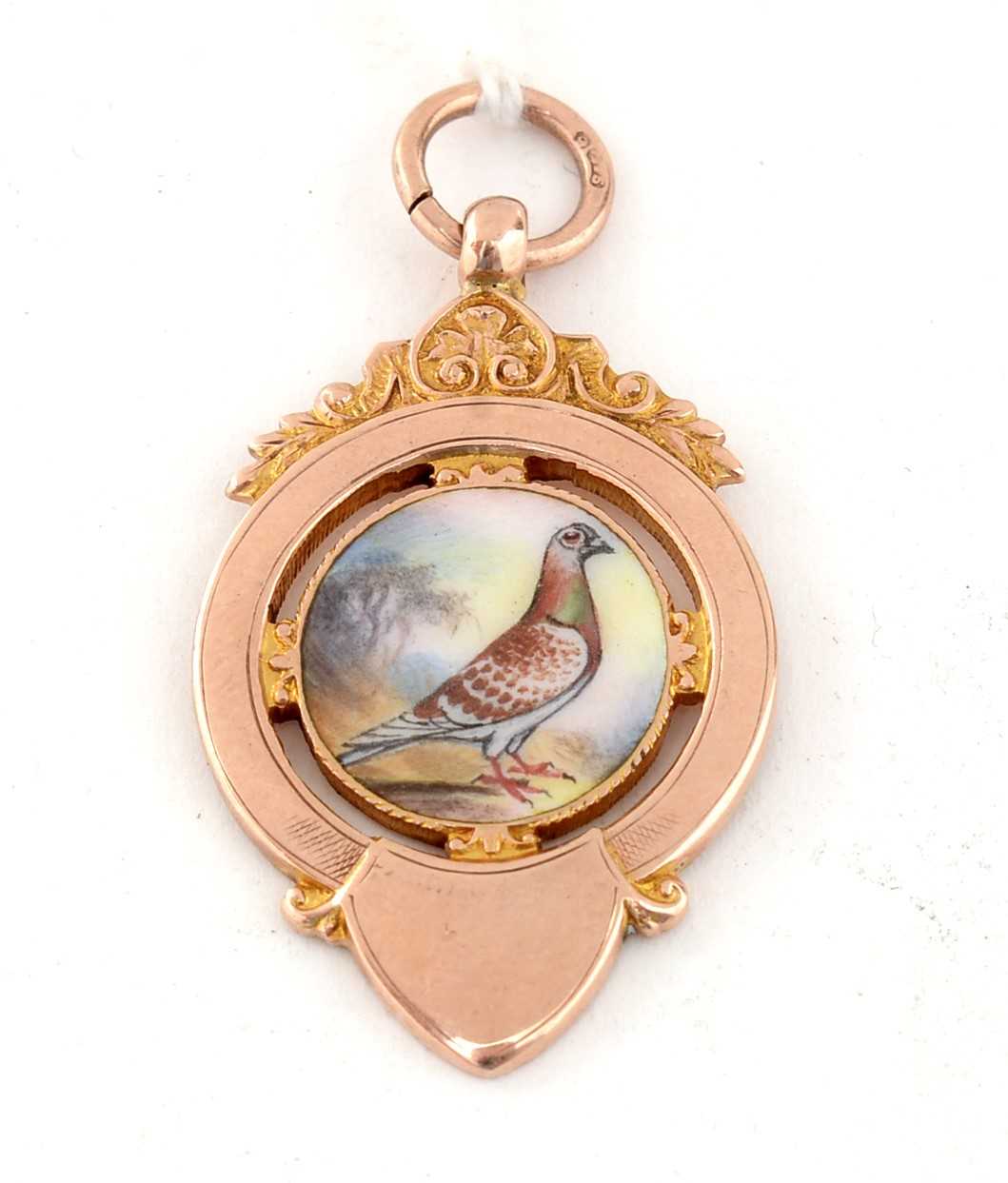 Lot 249 - A 9ct yellow gold and enamel pigeon racing fob medal