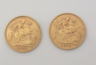 Lot 282 - Two gold half sovereigns, 1903 and 1910.