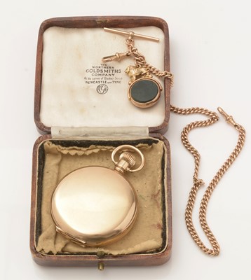 Lot 157 - A 9ct yellow gold curb link albert-chain with fob; and a gilt cased pocket watch