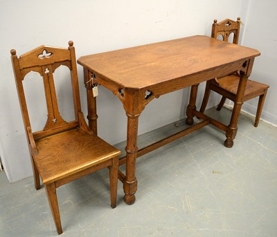 Lot 80 - Victorian oak side table together with a pair of similar chairs.