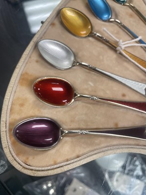 Lot 112 - A cased set of six enamel silver teaspoons, by David Andersen