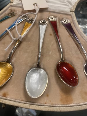 Lot 112 - A cased set of six enamel silver teaspoons, by David Andersen