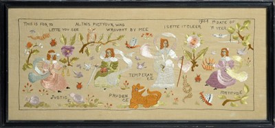 Lot 802 - An Edwardian Arts & Crafts embroidery picture dated 1904