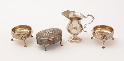 Lot 139 - Silver salts, cream jug and jewellery box.