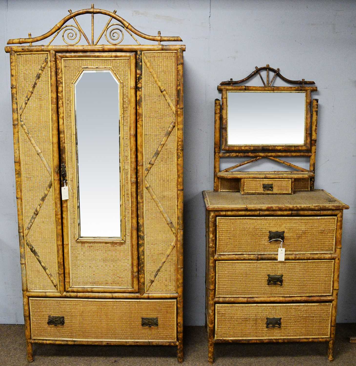 Lot 77 - A late Victorian bamboo and rattan wardrobe and dressing chest