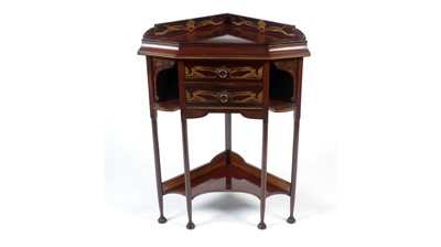 Lot 1293 - An unusual Arts & Crafts inlaid mahogany corner unit/washstand.