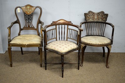 Lot 68 - Three decorative Edwardian mahogany and bone/marquetry Inlaid salon chairs.