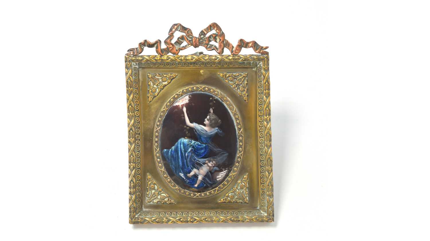 Lot 623 - Style of Limoges: an enamel panel of a woman on a swing