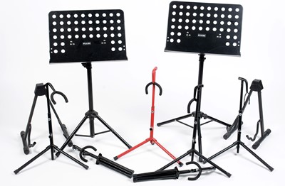 Lot 110 - Six guitar stands, two music stands, etc
