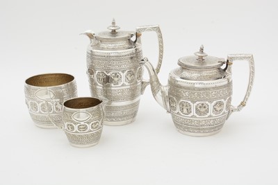 Lot 549 - A late Victorian four piece plated tea service, by Kerr & Phillips