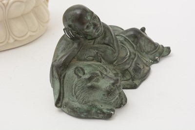 Lot 649 - Large blanc de chine style figure Buddha, Bronzed figure and tiger
