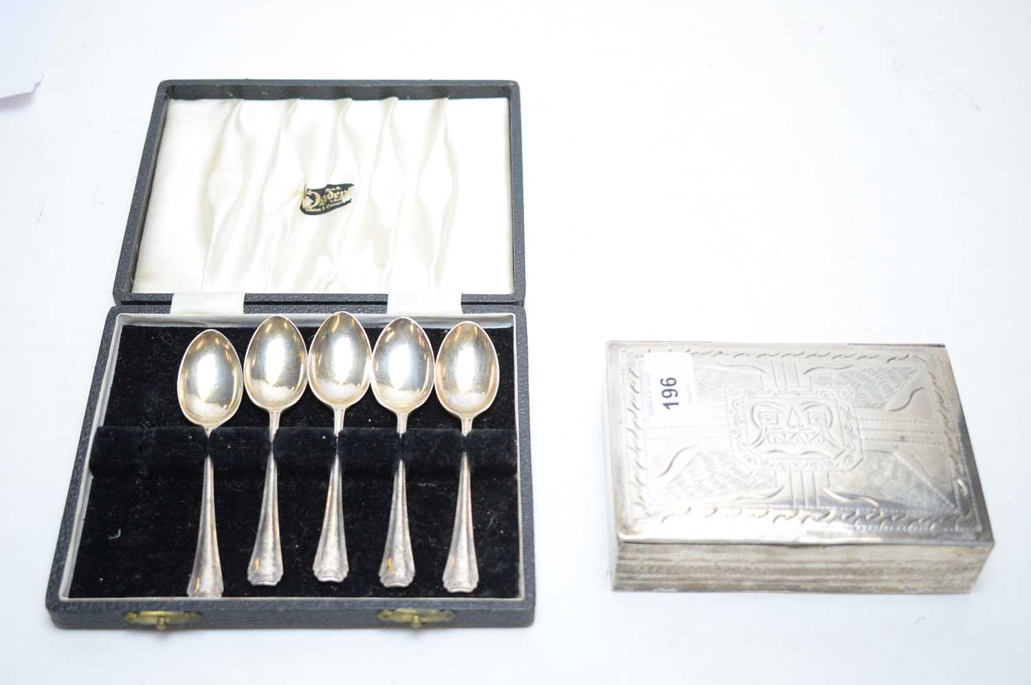 Lot 196 - A Peruvian silver box, and a part set of silver tea spoons.