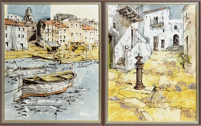 Lot 558 - Bernard Dufour - Harbour, and View of a Water Fountain - oil