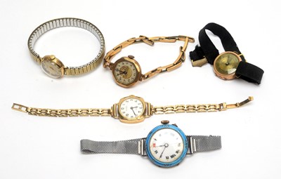 Lot 139 - Four 9ct yellow gold cased cocktail watches; and a silver cased cocktail watch.