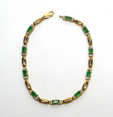 Lot 157 - A 9ct yellow gold, emerald and diamond bracelet
