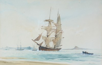 Lot 56 - Peter Knox - Brigante Coming to Anchor, Holy Island, Northumberland | watercolour