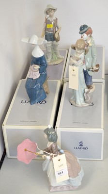 Lot 361 - A selection of Lladro figures, including: Time to Sew; Circus Sam; Fisher Boy; and two others