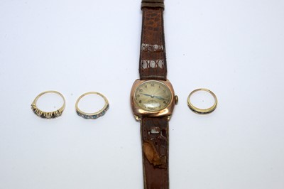 Lot 165 - Three 9ct yellow gold rings, and a watch
