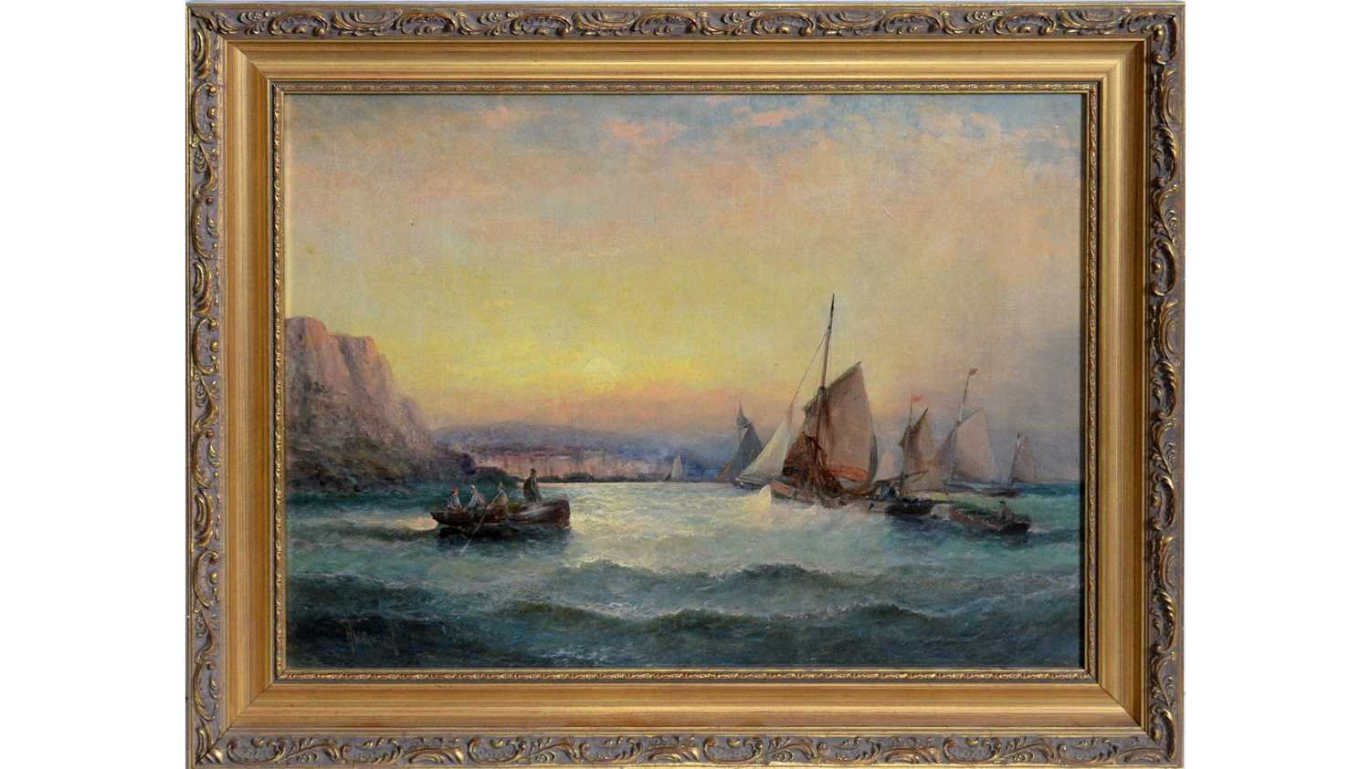 Lot 972 - William Anslow Thornley - Sunset, Fishing Boats Making for Port | watercolour