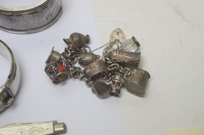 Lot 171 - Silver bangles, charm bracelet and other items.