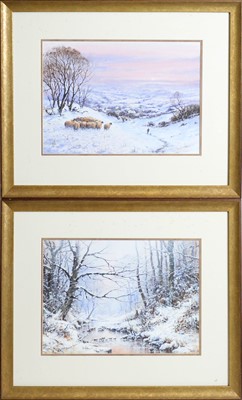 Lot 789 - Joe Hush - Crisp Winters Eve with Crimson Sunset, and Deer Gathered by a Frozen River | acrylic