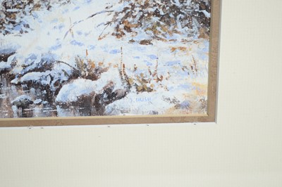 Lot 94 - Joe Hush - Crisp Winters Eve with Crimson Sunset, and Deer Gathered by a Frozen River | acrylic