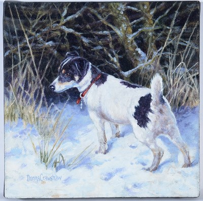 Lot 108 - Donna Crawshaw - Terrier in the Snow | oil