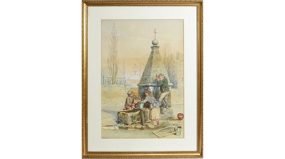 Lot 795 - Ralph Hedley - Corbridge Children Gathering Water at the Fountain | watercolour