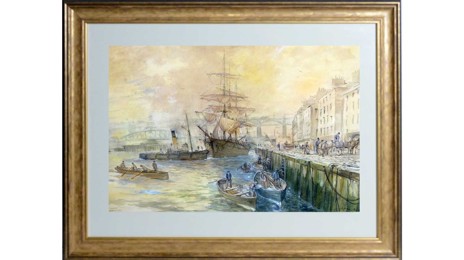 Lot 822 - Peter Knox - Coming Alongside, depicting a bustling Newcastle Quayside | watercolour