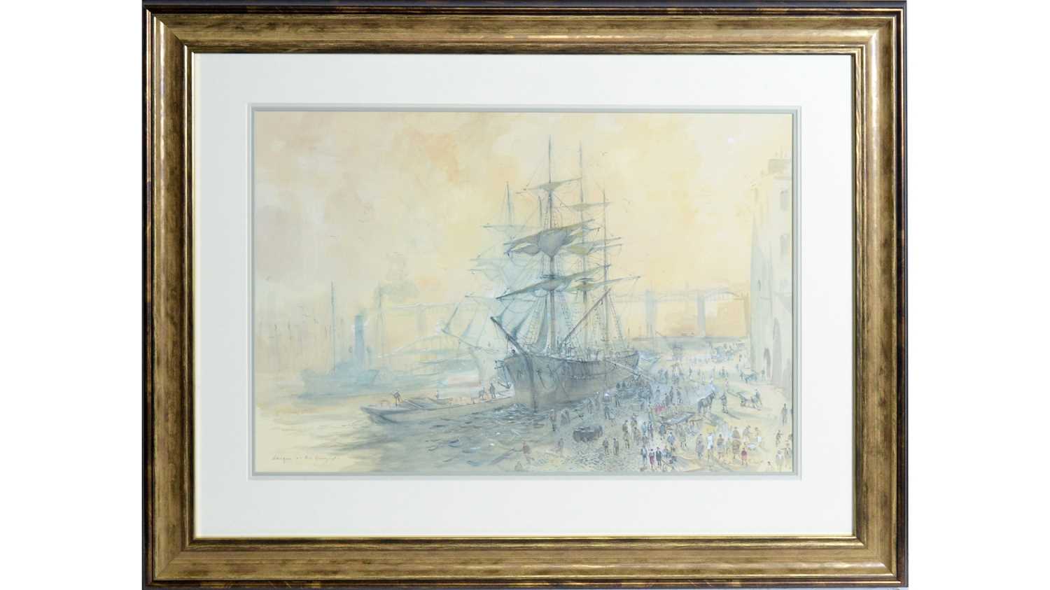 Lot 823 - Peter Knox - Banque at the Quayside with Newcastle High Level Bridge | watercolour
