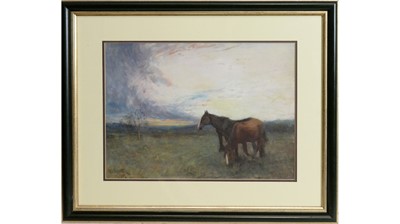 Lot 886 - David Thomas Robertson - Chestnut Horses at Dusk | watercolour