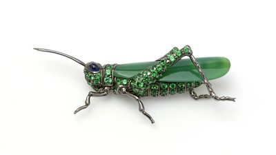 Lot 459 - A fine jade, tsavorite garnet and sapphire grasshopper brooch