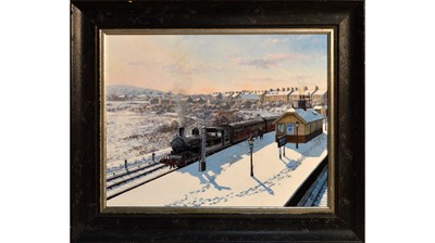 Lot 990 - Stephen Warnes - A Winter's Day at Haltwhistle Railway Station with Departing Steam Locomotive | oil