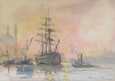 Lot 53 - Peter Knox - Tall Ships and a Steam Tug at Dusk | watercolour