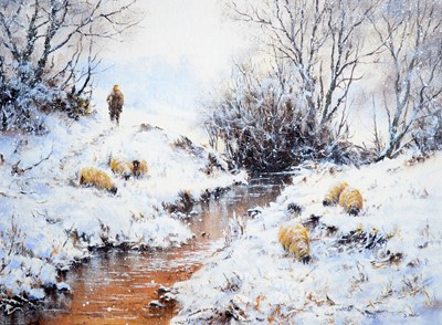 Lot 99 - Joe Hush - The Shepherd and His Flock in the Snow | acrylic