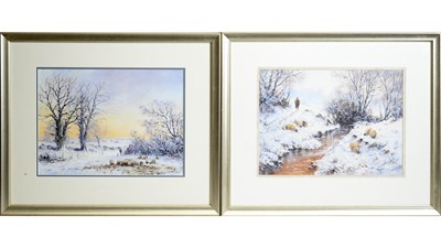 Lot 281 - Joe Hush - The Shepherd and His Flock in the Snow | acrylic