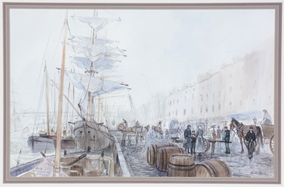 Lot 740 - Peter Knox - Brig Landing at the Quayside | watercolour