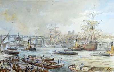 Lot 826 - Peter Knox - The Crowded River Tyne with Newcastle City Beyond | watercolour