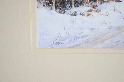 Lot 100 - Joe Hush - Pauperhaugh, Northumberland; sheep driving in a snow-storm | acrylic